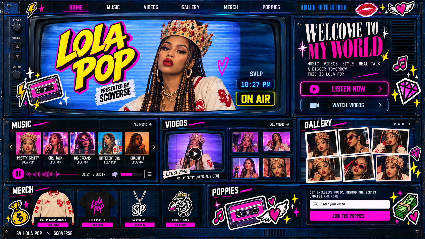 SV Lola Pop's blue retro television homepage, featuring her music, videos, gallery and merch.