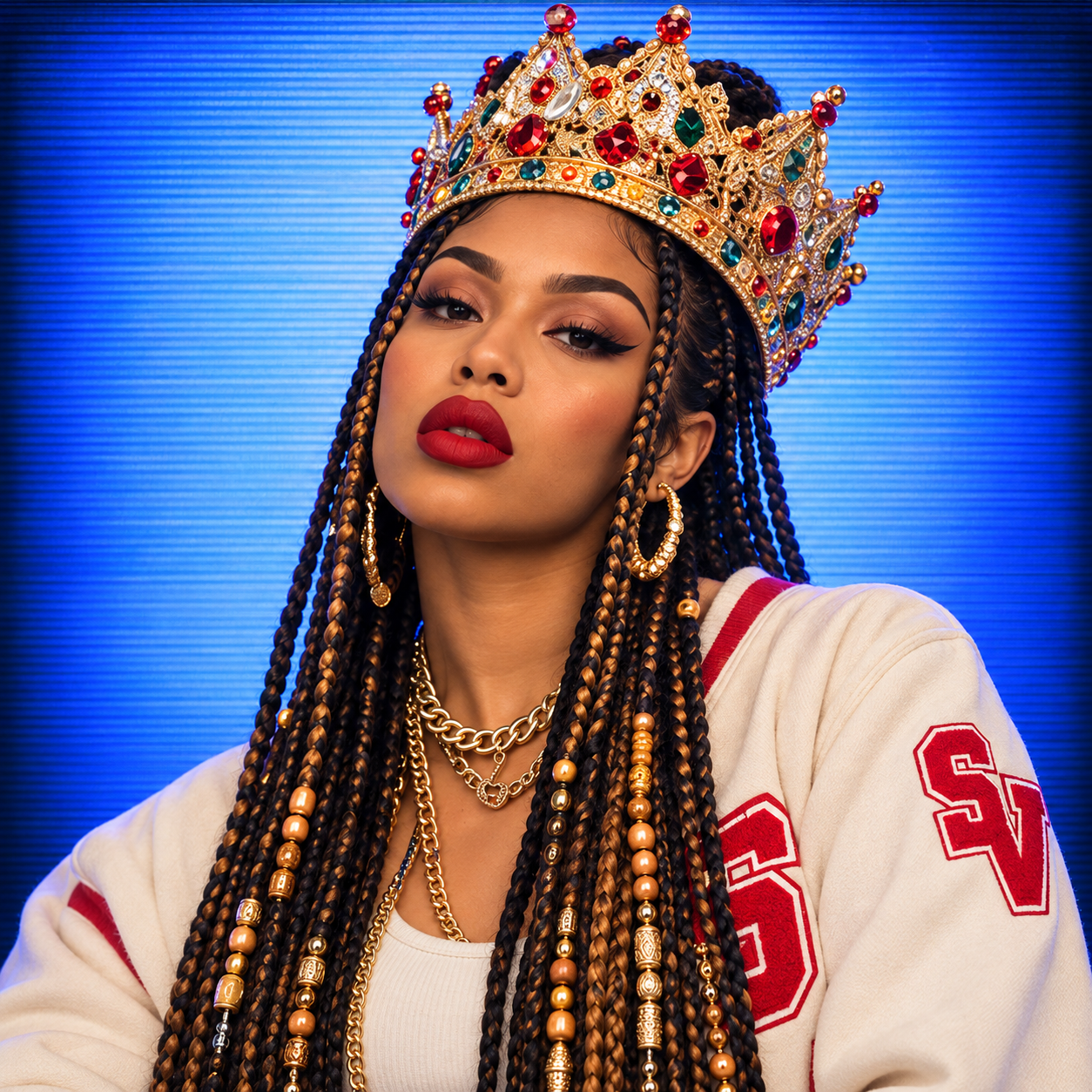 Lola Pop in her crown and varsity jacket